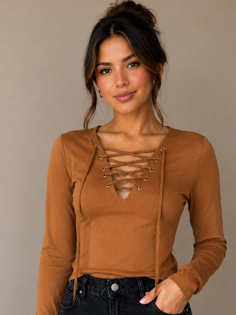 Iris Basic Camel Lace-Up Long Sleeve Top